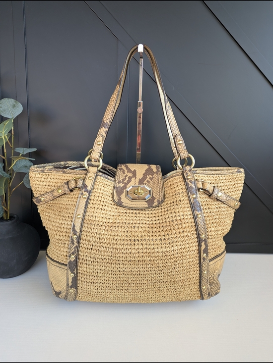 Coach Handbags - Coach Natural Woven Straw Tote with Snake-Print Trim